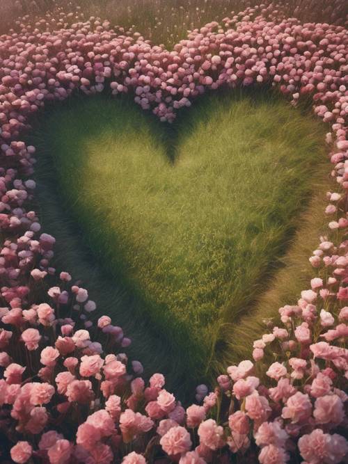 Uma cena onírica de um campo de flores girando no formato de um coração gigante.