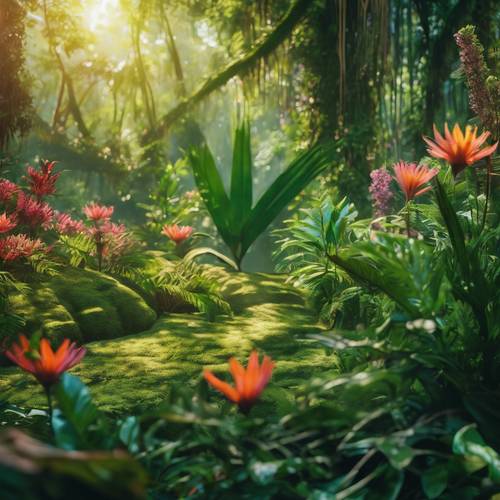Una escena de jungla floreciente con sombras verdes, toques de flores vibrantes y vida salvaje oculta.