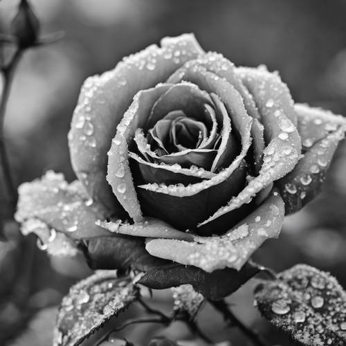 Une rose noire et blanche figée en hiver, incarnant la force tranquille.