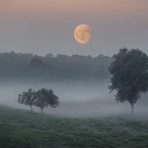 Una luna eterea che svanisce nella nebbia mattutina.
