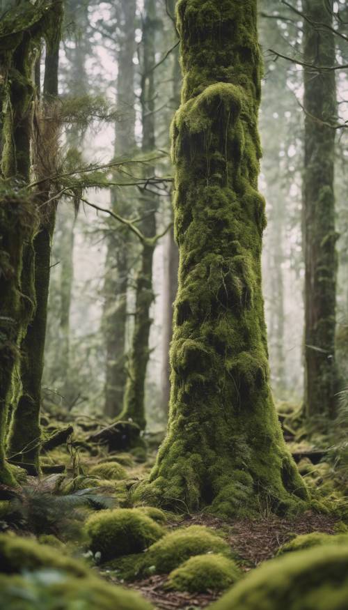 Dense forest thriving in the late 1800s with towering trees covered in moss. Tapeta [a5b2eb2d79194d45b96a]