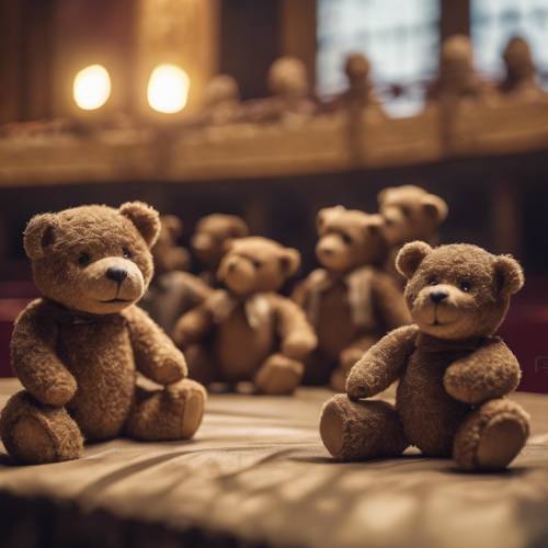 Teddy bears putting on a Shakespearean theatre play.