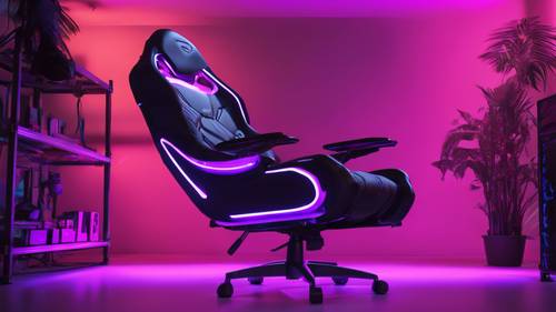 Una silla gaming negra con detalles en violeta en una habitación iluminada con luces LED de color violeta.