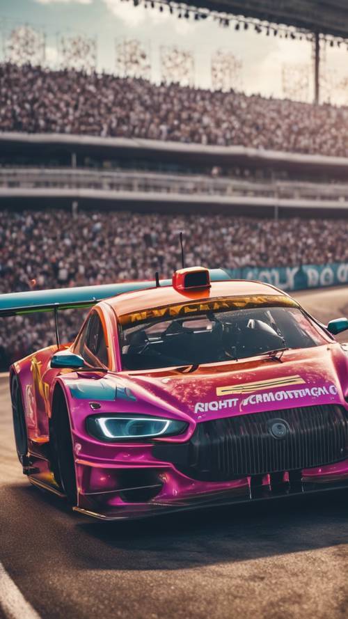 Um carro de corrida neon de alto desempenho em uma pista entre fãs entusiasmados Papel de parede [844db7696cb6434fa8be]