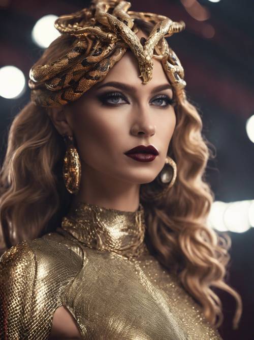 A glamorous red carpet fashion look inspired by Medusa with faux snake accessories.
