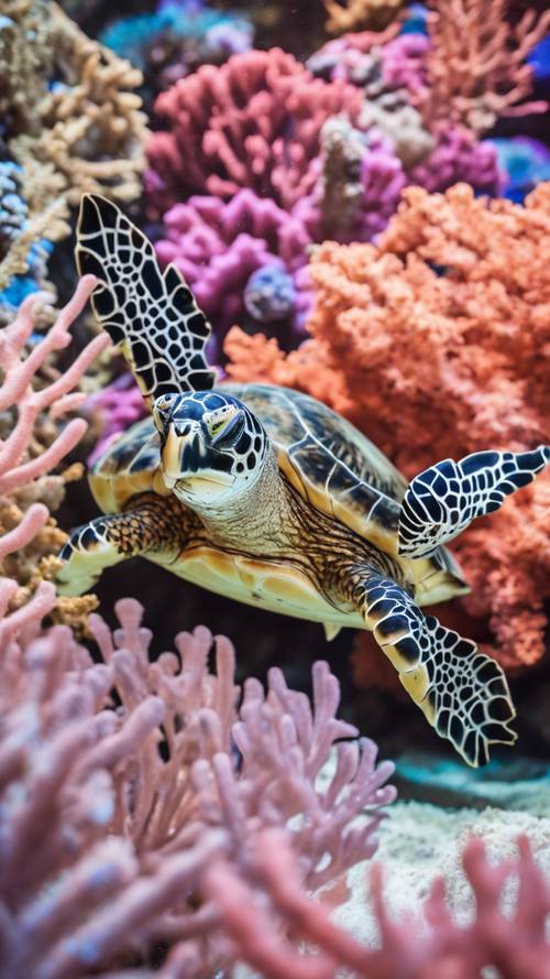 Морская черепаха Хоксбилла маневрирует по лабиринту разноцветных коралловых рифов.