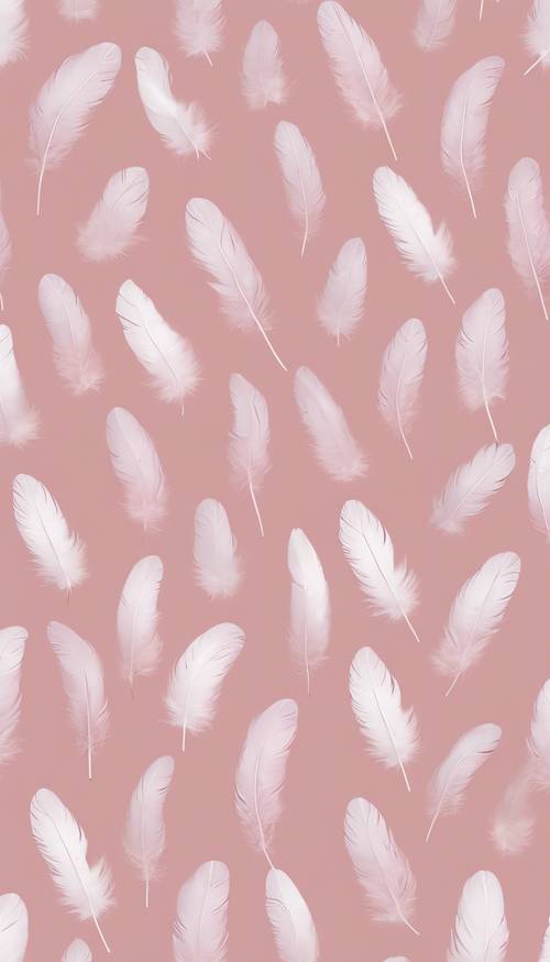Um elegante padrão sem costura de penas brancas flutuantes contra um fundo rosa suave.