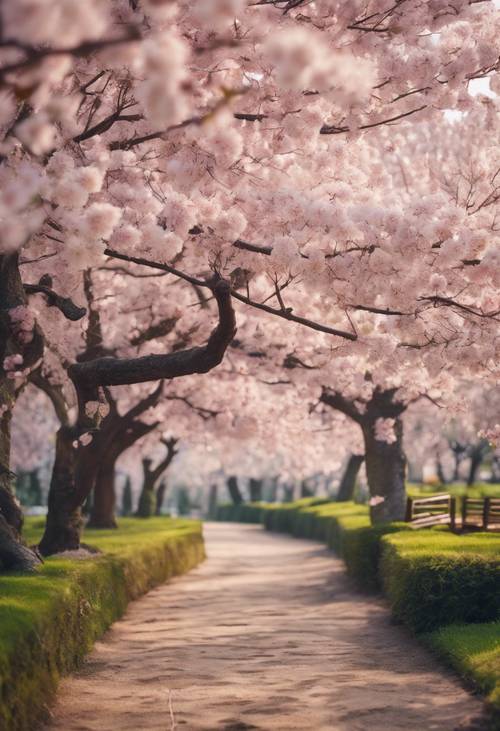 Ein ruhiger Garten voller blühender Kirschblütenbäume, die einen friedlichen Frühlingstag darstellen.