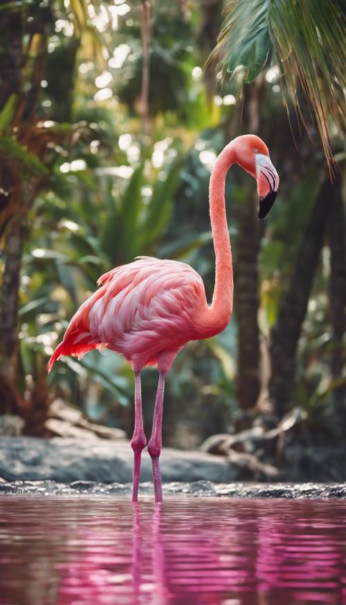 A hot pink flamingo cleaning its feathers near a tropical lagoon.