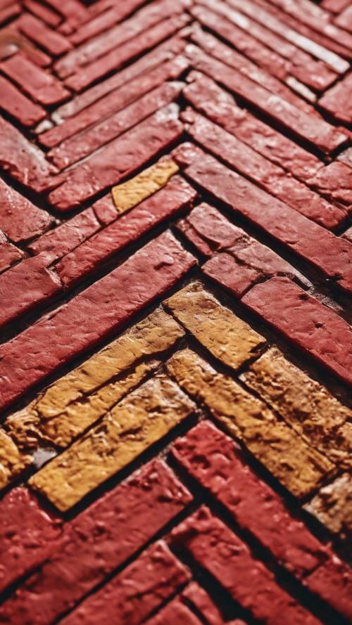 一条由红色和黄色砖块构成人字形图案的道路。