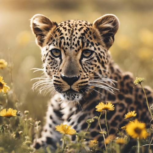 Молодой леопард с цветочной короной резвится на цветущем лугу.