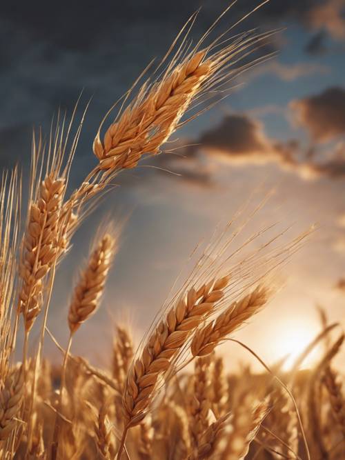 Golden wheat field swaying under a fiery sunset.