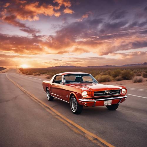 Um Mustang 1966 vintage dirigindo na histórica Rota 66 durante um pôr do sol ardente.