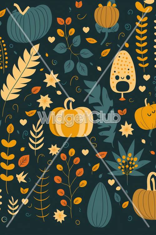色彩缤纷的秋叶和可爱的南瓜图案