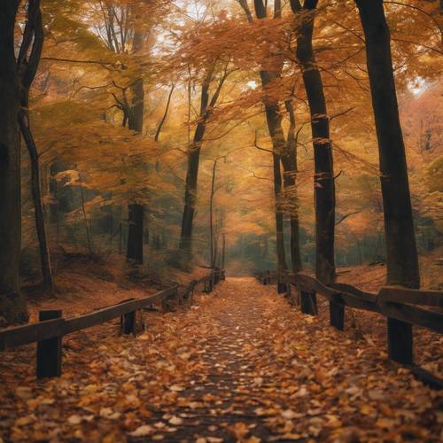 A tranquil fall forest path, littered with fallen leaves and flanked by tall trees showcasing vibrant foliage.