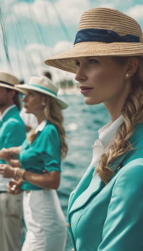 A yacht race at a marina, with preppy spectators in teal and white outfits and straw boater hats.