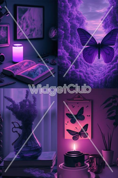 紫色の不思議な蝶の夜灯りと本のデコレーション