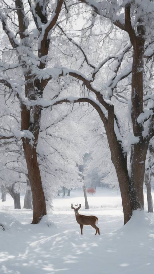 Gambaran tenang sebuah taman yang diselimuti selimut salju putih segar, dan sekeluarga rusa dengan bulu berwarna abu-abu dan putih.