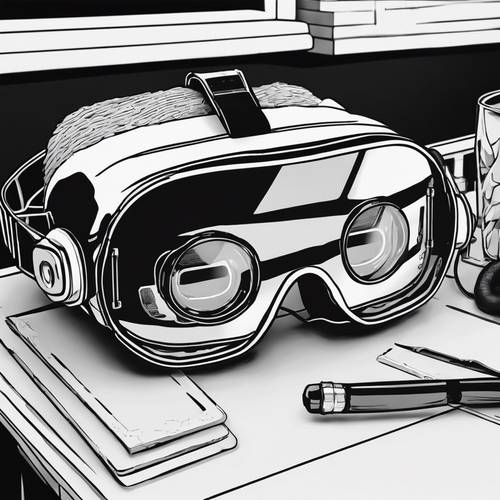 Penggambaran hitam putih misterius dari kacamata game realitas virtual yang diletakkan di atas meja.