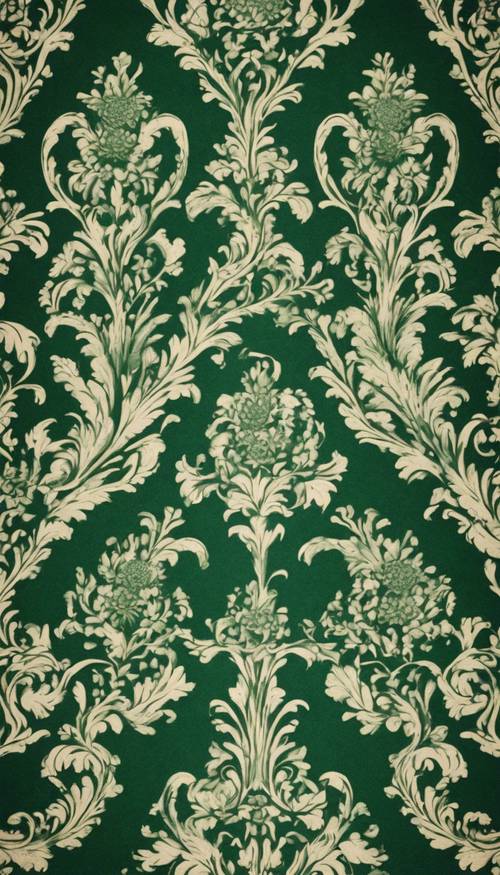 Un papel pintado vintage de la época victoriana con diseños de damasco de color verde oscuro que transmiten una sensación de elegancia y grandeza.