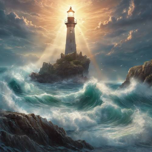 Ein Leuchtturm, der mystische Energie ausstrahlt und am Rande eines Meeres voller Meerjungfrauenschwänze steht.