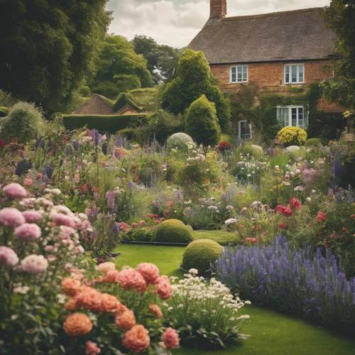 A tranquil English country garden filled with beautiful flowers, uplifting quote in the layout of flowerbeds.