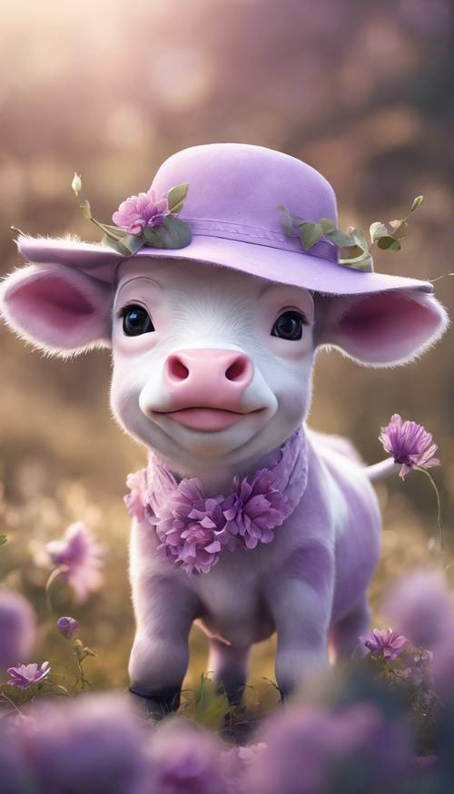 'A comic illustration of a cute baby cow painted in soft lilac shades and wearing a flowery hat.'
