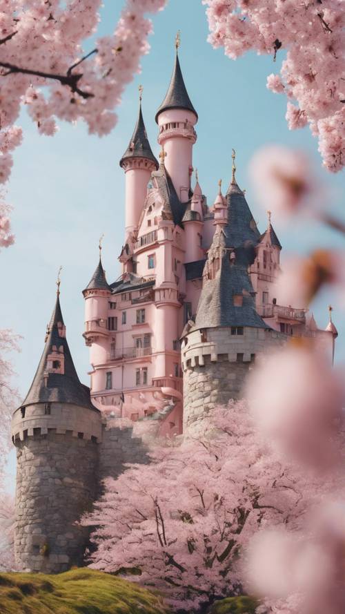 Fantazyjny, bajkowy zamek ozdobiony różowymi kwiatami wiśni.