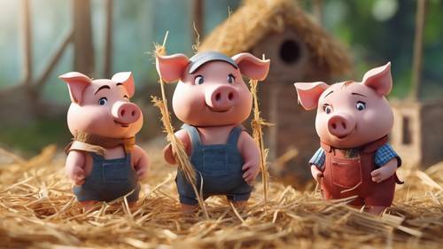 Uma divertida ilustração infantil de três porquinhos construindo com palha, madeira e tijolos, respectivamente.