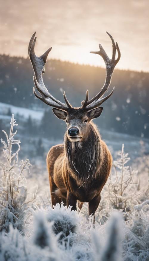 Ein majestätischer Hirsch im Morgengrauen auf einer Almwiese, an seinem Geweih klebt Frost.