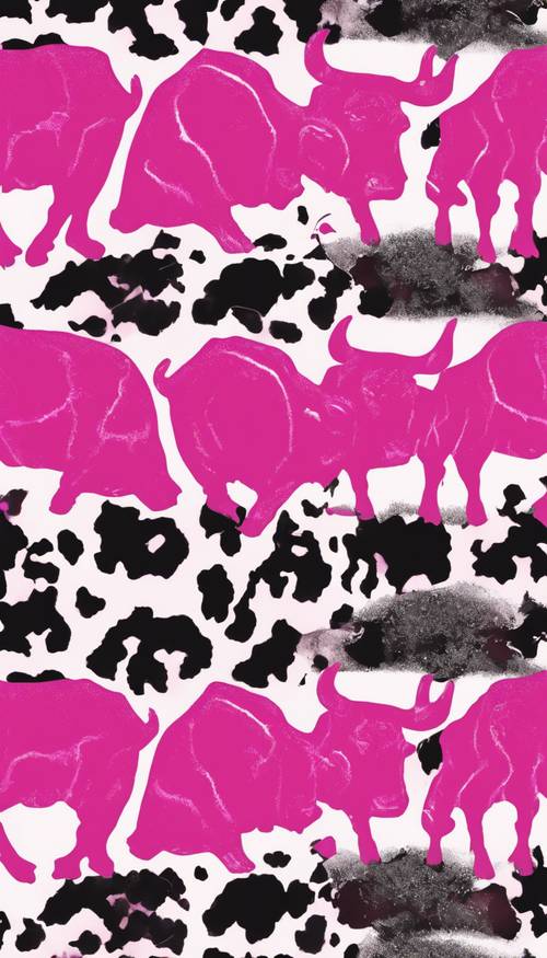 Psychodeliczny, żywy, różowy nadruk krowy na jednolitym wzorze.