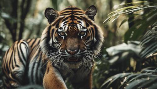 Niezliczone czarne paski na eleganckim tygrysie grasującym w dżungli. Tapeta [66d2dd4690914fcfa025]