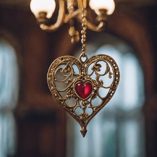 A preppy heart-shaped charm delicately hanging from the antique chandelier of a college library.