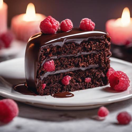 A dark chocolate cake with glossy ganache, topped with ripe raspberries, under a soft candlelight.