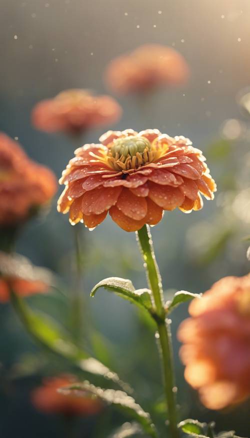 A single, dew-covered zinnia in the early morning light.