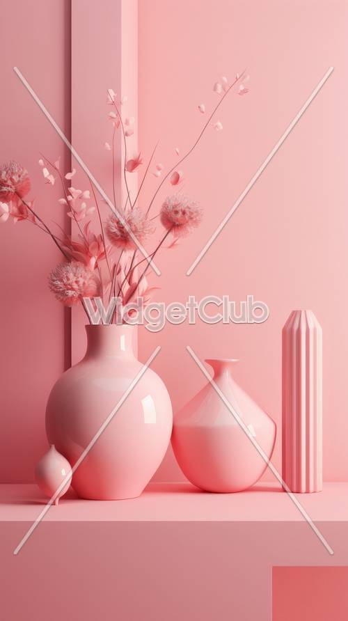 Vas Merah Muda dan Bunga dengan Latar Belakang Merah Muda
