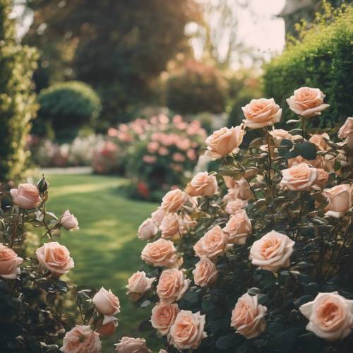 Pemandangan taman vintage yang indah dipenuhi bunga mawar dan nuansa Victoria.