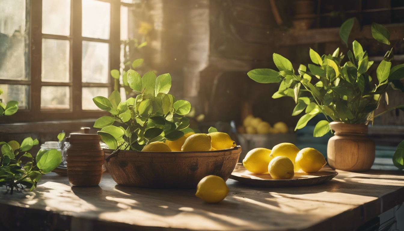 A rustic kitchen with lemons and green leaves scattered around, sun beaming from a window. Ფონი[86f834c36587482bbfea]