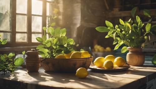 A rustic kitchen with lemons and green leaves scattered around, sun beaming from a window.