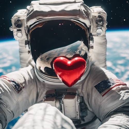 Seorang astronot di luar angkasa memegang hati merah, Bumi terlihat dari kejauhan.