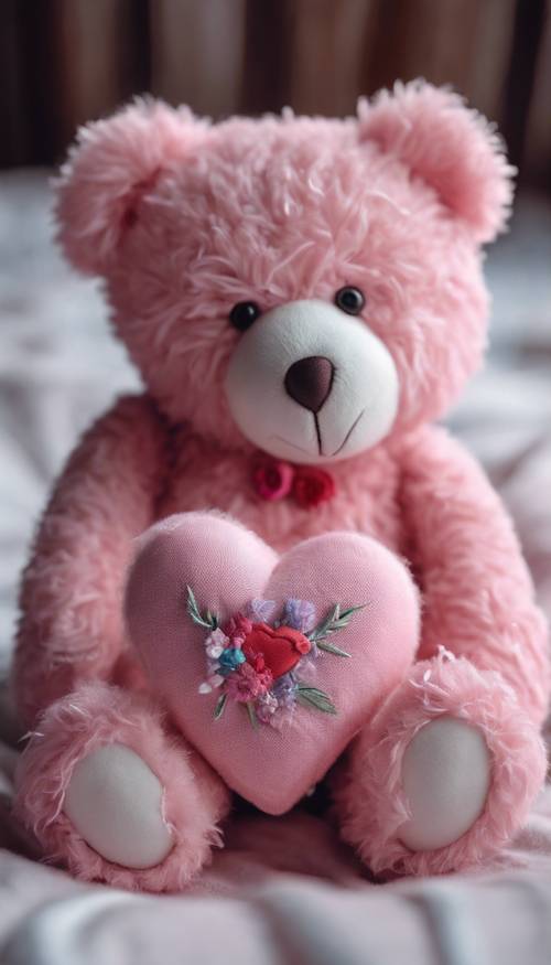 Pink fluffy teddy bear holding a heart embroidered with sweet nothings Tapet [57eaa9d0b21644e4b1d0]