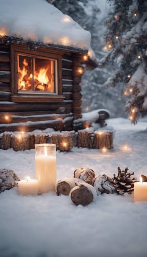 A country Christmas scene with a snow-covered log cabin, a warmly glowing fireplace inside.