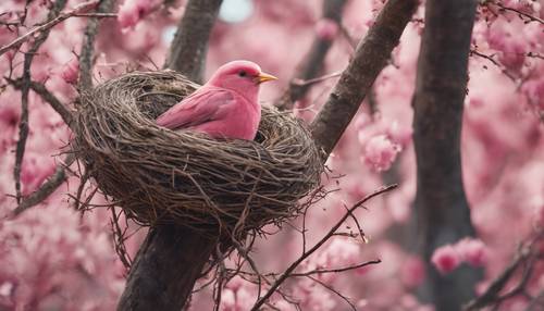 一隻粉紅色的小鳥在一棵高大的樹上築滿了蛋的巢。
