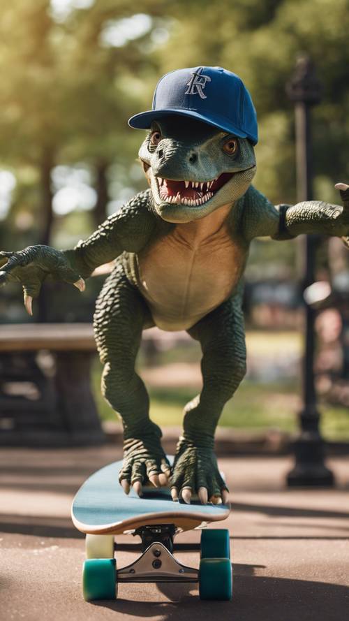 Um dinossauro descolado usando um boné de beisebol virado para trás, andando de skate em um parque. Papel de parede [243d01e708534505b8eb]