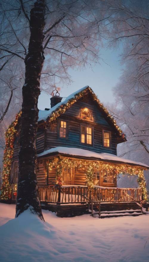 Lumières de Noël animées et multicolores entourant une vieille maison rustique.