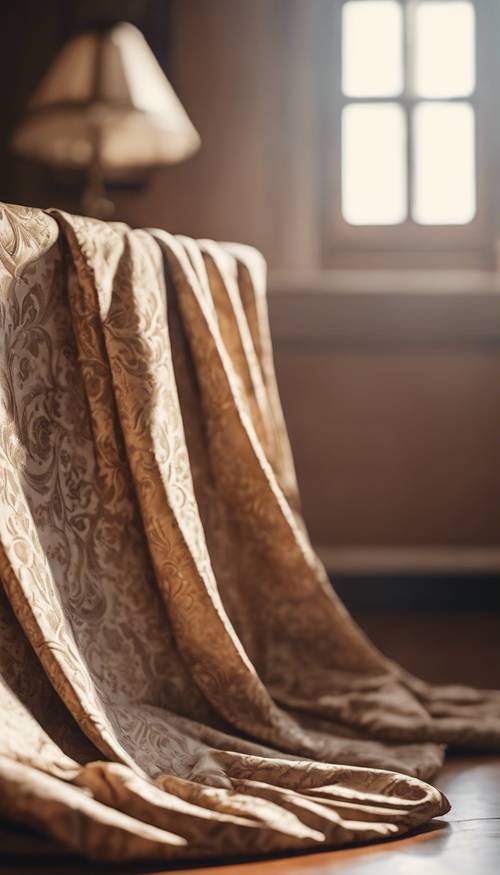 Brązowa tkanina adamaszkowa udrapowana w pięknym pokoju z naturalnym światłem.