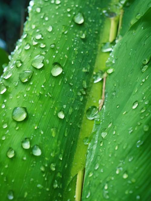 Pemandangan dari dekat daun pisang hijau cerah, dipenuhi tetesan air hujan.