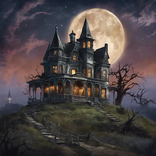 Una spettrale casa stregata in cima a una collina sotto la luna piena.