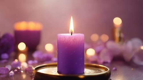 A burning purple candle in a calming spa-like environment, the golden flame spelling out an inspirational quote about self-care. Валлпапер [cdf2e76fc32a45e482b4]