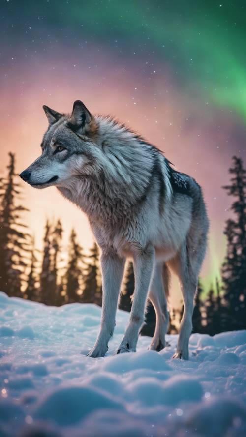 오로라 보레알리스의 장막 아래 얼어붙은 황야에서 사냥하는 용감한 늑대의 그림입니다.